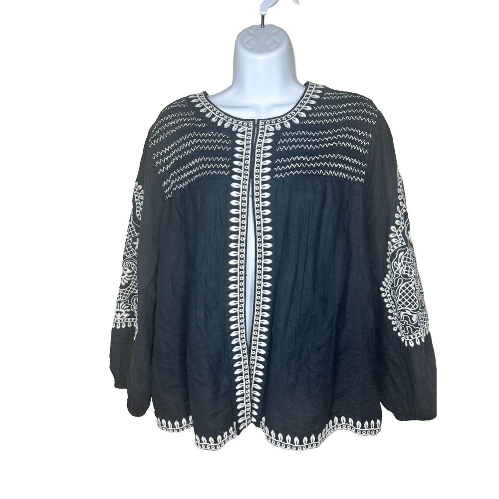 BEAUTIFUL by Lawrence Zarian Jacket Sz XL Black A646354 Linen Embroidered Smock